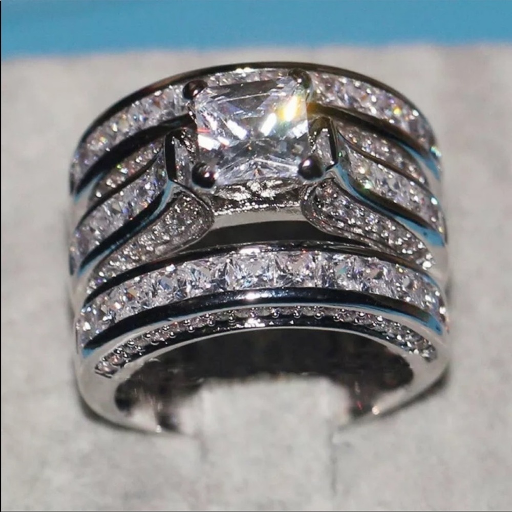 New 3pc/set 925 Silver Wedding Diamond Ring - Picture 2 of 5
